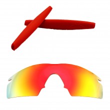 Walleva Mr Shield Fire Red Replacement Lenses with Red Earsocks for Oakley M Frame Strike Sunglasses